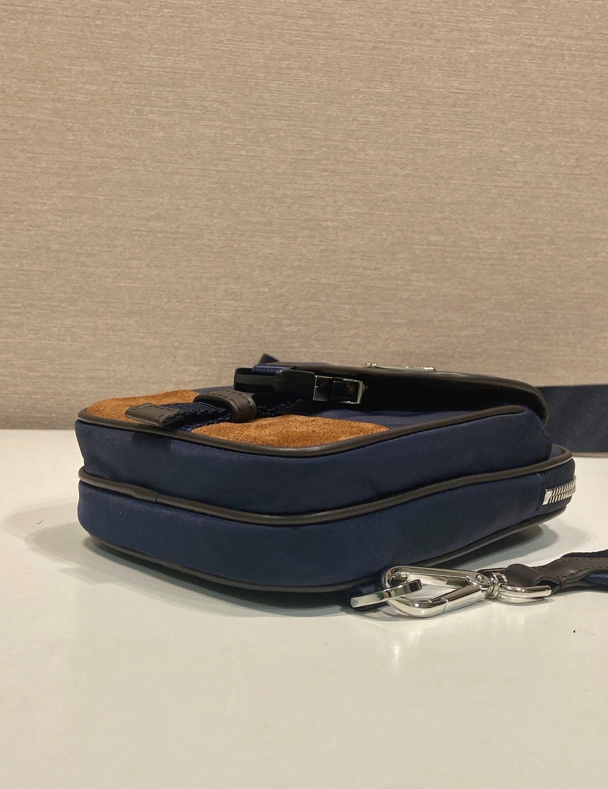 Prada 2026 Mobile Phone Chest Bag Blue Brown Recycled Nylon With Saffiano Leather