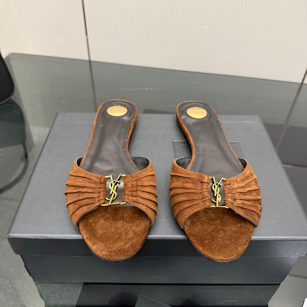 YSL Babylone Slides Coffee Brown Suede