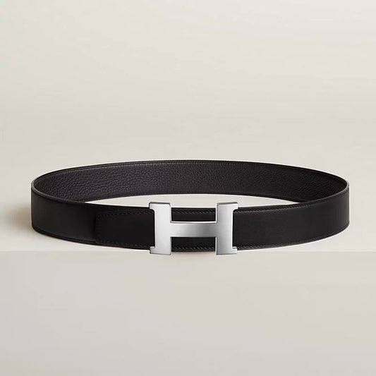Constance belt buckle & Reversible leather strap 38 mm Black Silver Calfskin