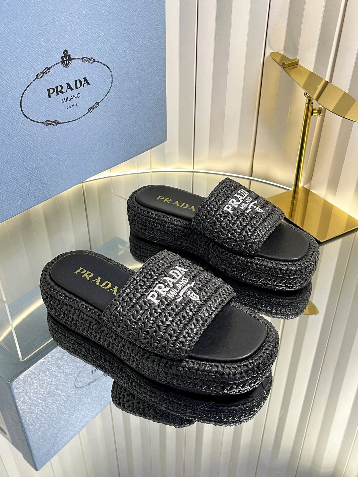 Prada 202 Platform Slide Sandals 40mm Woven Raffia 768777