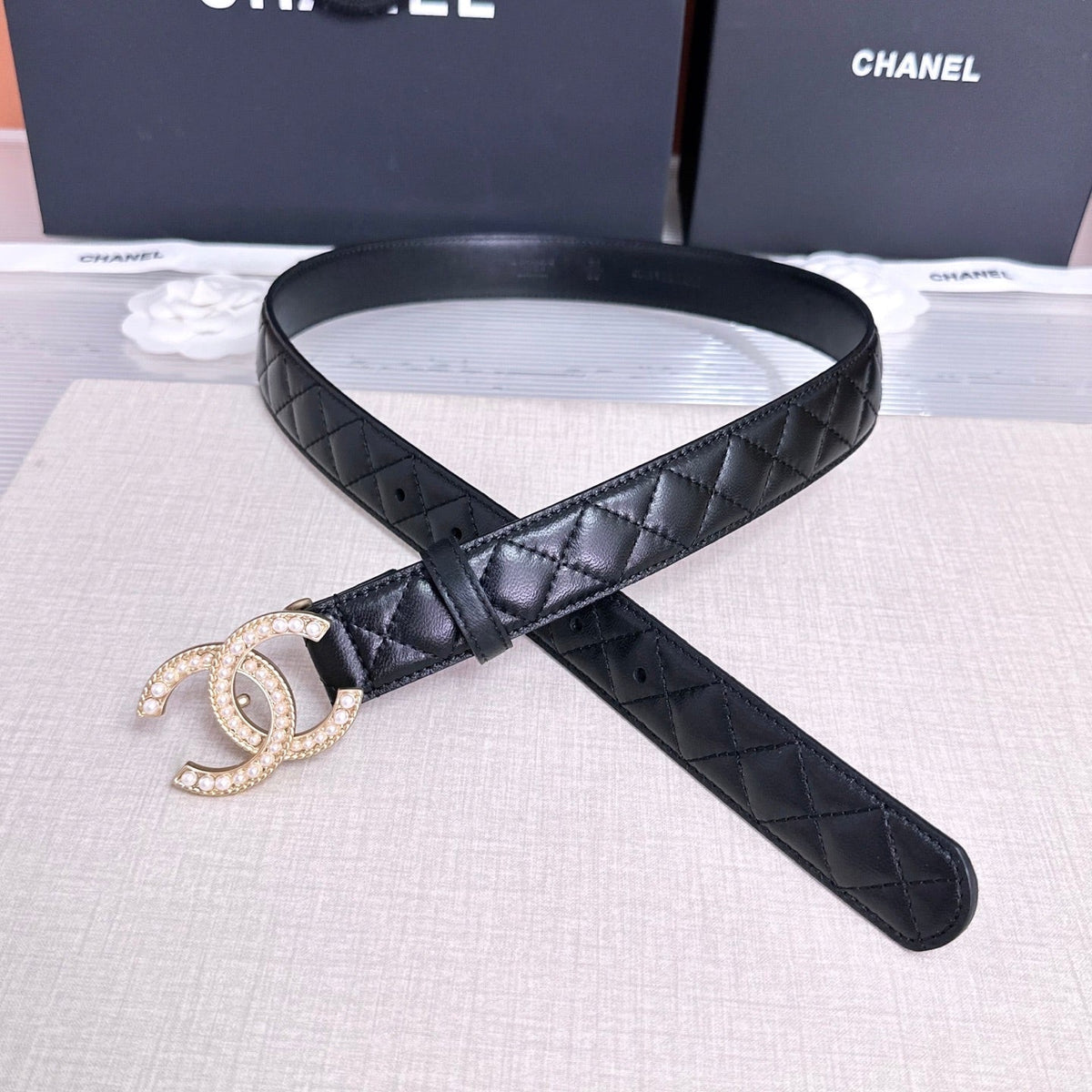 CC Quilted Belt 3CM Crystal Buckle Leather 213375
