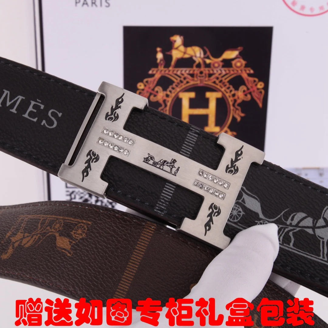 HM Constance Belt 38mm Black Brown Cowhide Sliver Buckle 620188