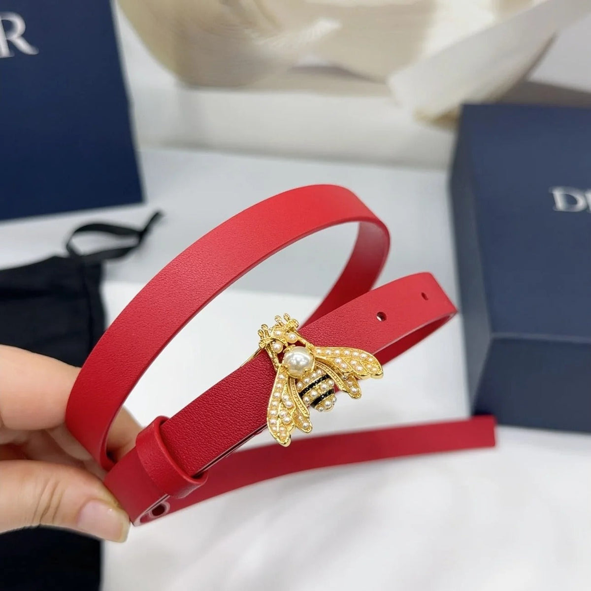 Dior 2026 Bee Motif Skinny Belt 17mm Leather 186411
