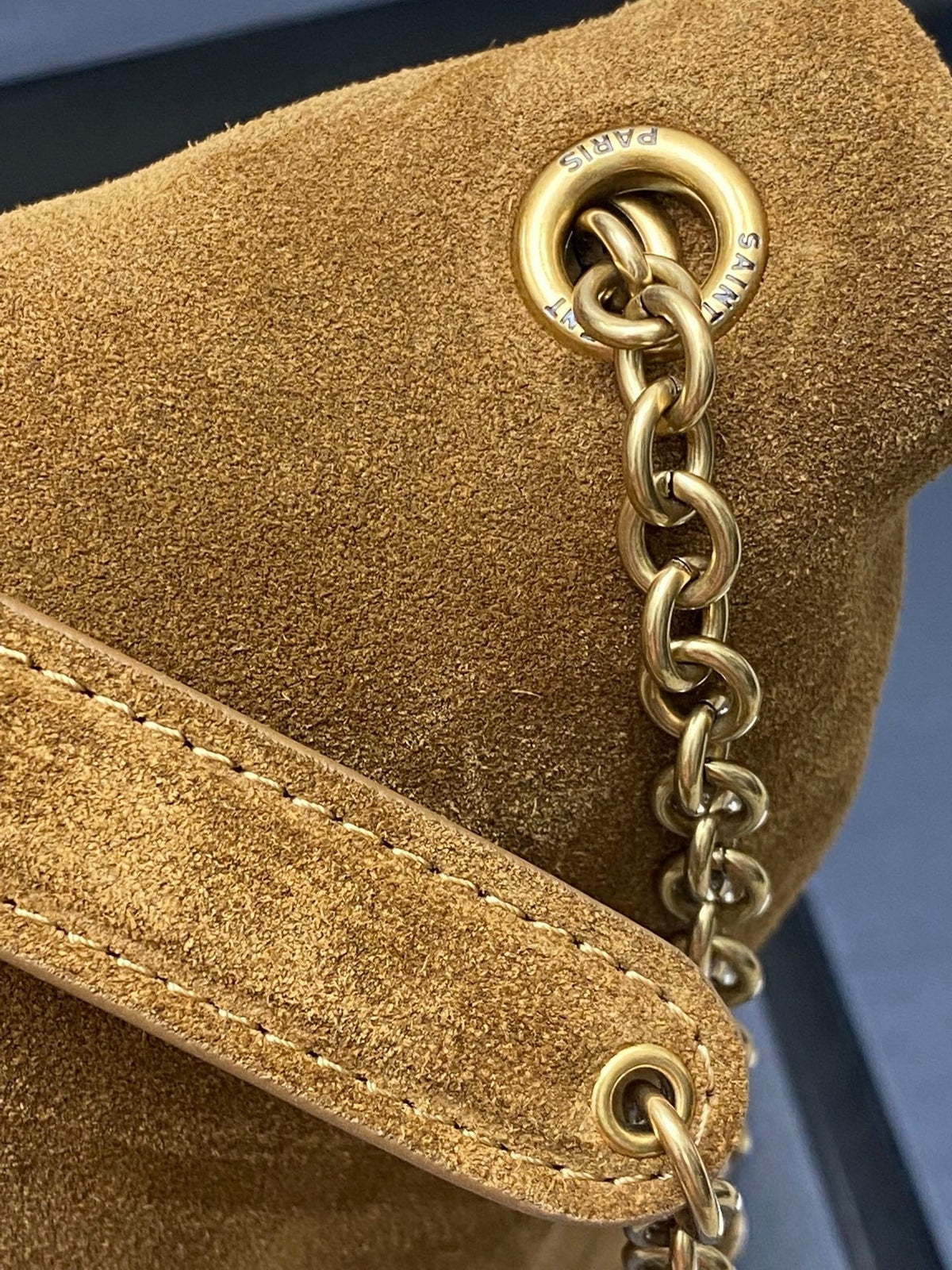 YSL 2026 Cassandre Large Pouch on Chain 35cm Brown Suede