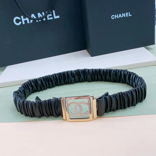 Chanel Rhinestones CC Square Buckle Belt Black Gold in Calfskin 205357