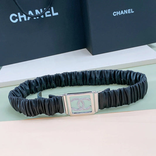 Chanel Rhinestones CC Square Buckle Belt Black Silver in Calfskin 205356