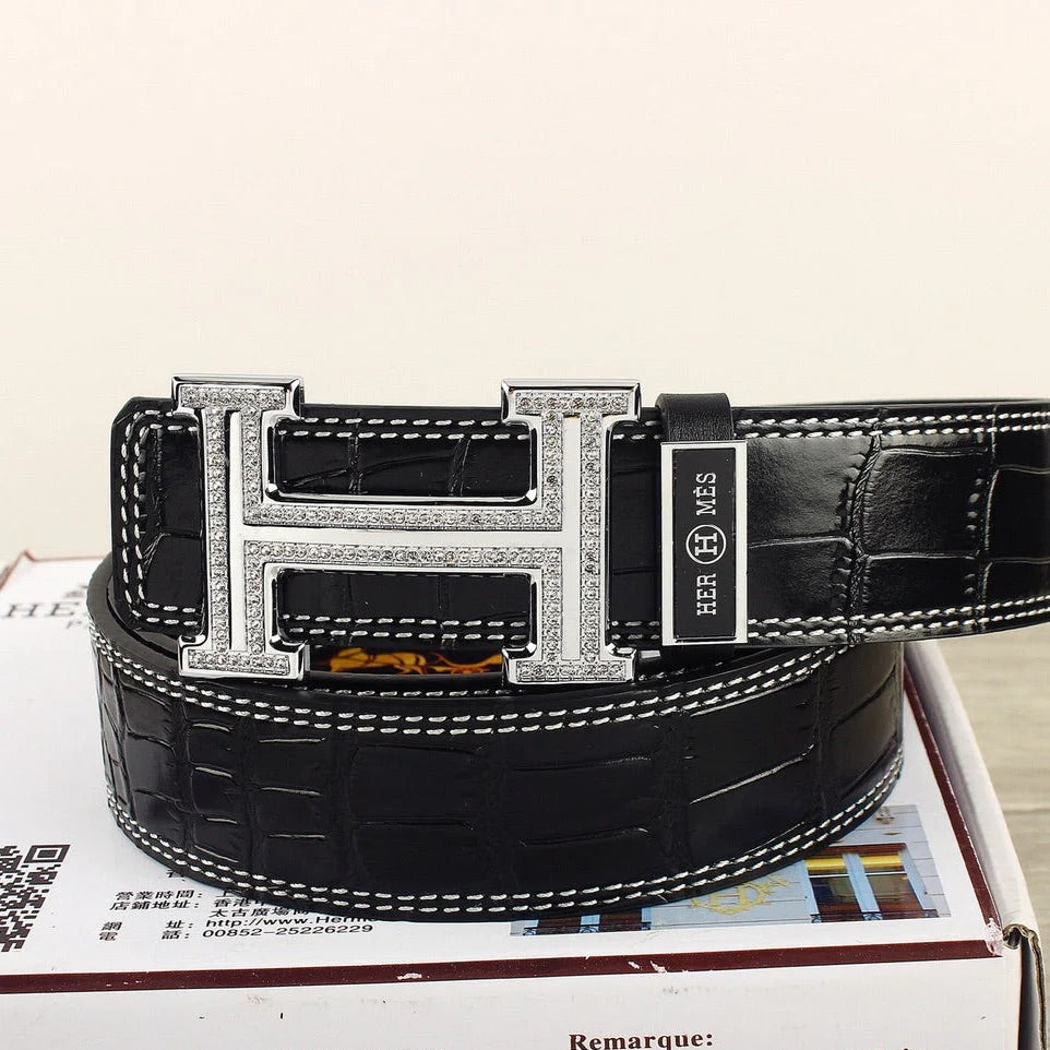 HM Original Belt 38mm Black Crocodile Pattern Leather Silver Buckle 620265