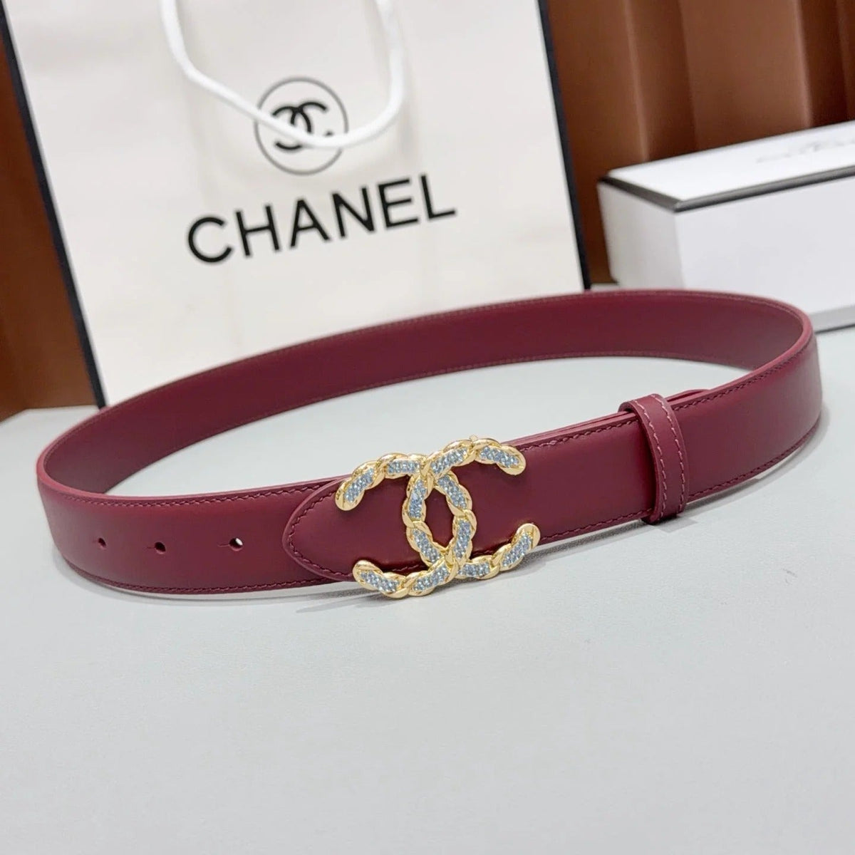 Chanel 2026 Double CC Crystal Buckle Belt 30mm Cowhide