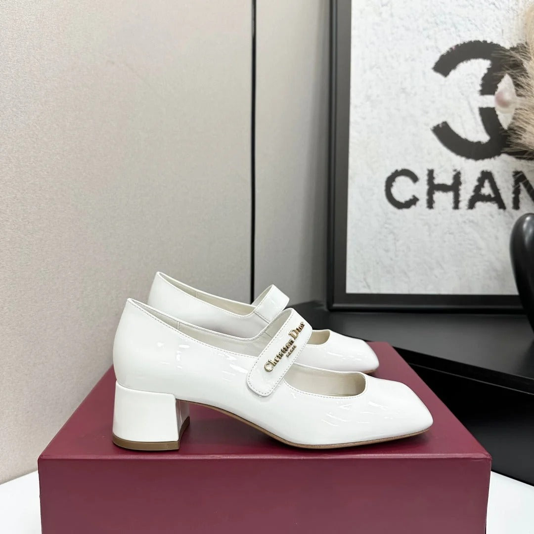 Dior 2026 Square Toe Velcro Chunky Heel Mary Jane Shoes 50mm Patent Leather