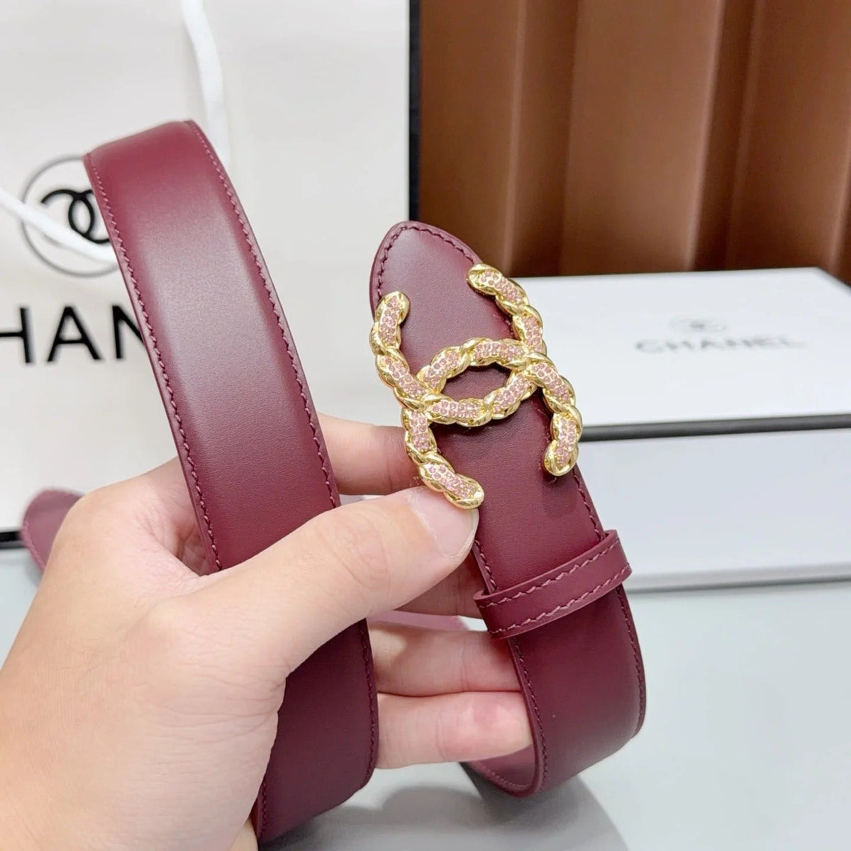 Chanel 2026 Double CC Crystal Buckle Belt 30mm Cowhide