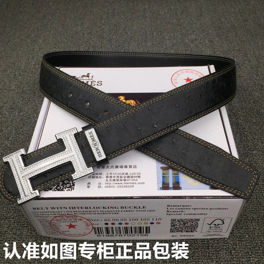 HM Belt 38mm Black Cowhide Leather Sliver Diamond Buckle 619512