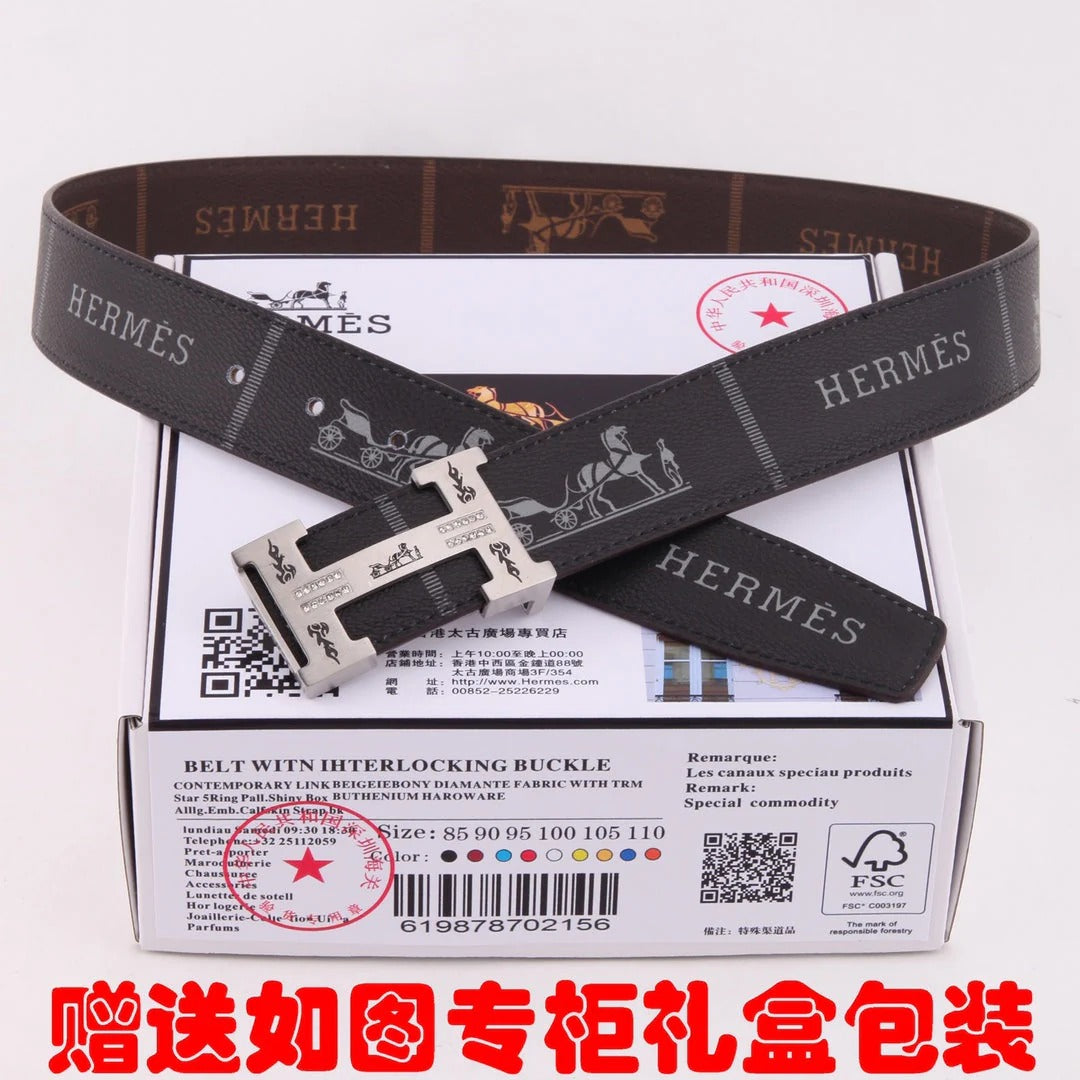 HM Constance Belt 38mm Black Brown Cowhide Sliver Buckle 620188