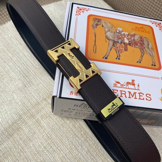 HM Belt 38mm Chocolate Black Cowhide Leather Gold Buckle 619065