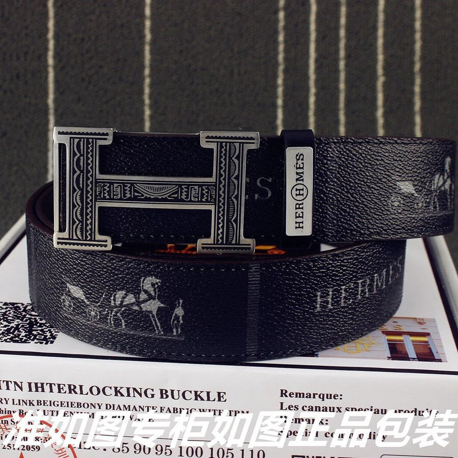 HM Double-sided Belt 38mm Black Cowhide Gold Buckle 620361