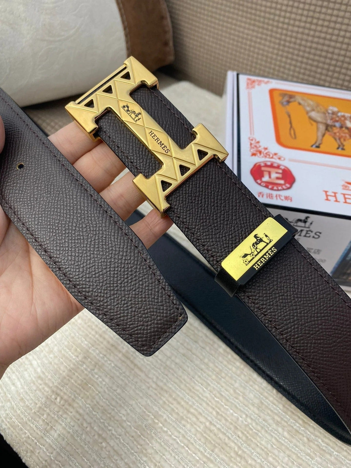 HM Belt 38mm Chocolate Black Cowhide Leather Gold Buckle 619065