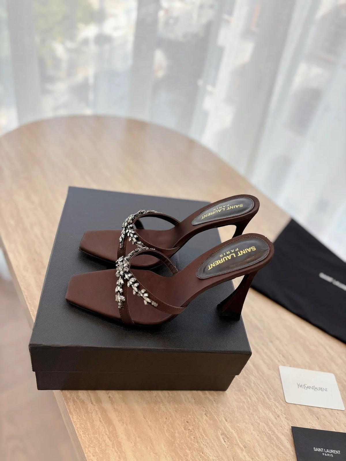 Saint Laurent 2025 Liz 110mm Sandal Brown Satin With Crystal Embellishments