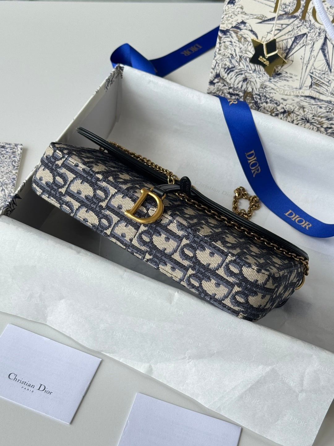 CD S5907CNKO Medium Saddle Pouch with Chain 21.5cm Blue Jacquard Cowhide GHW
