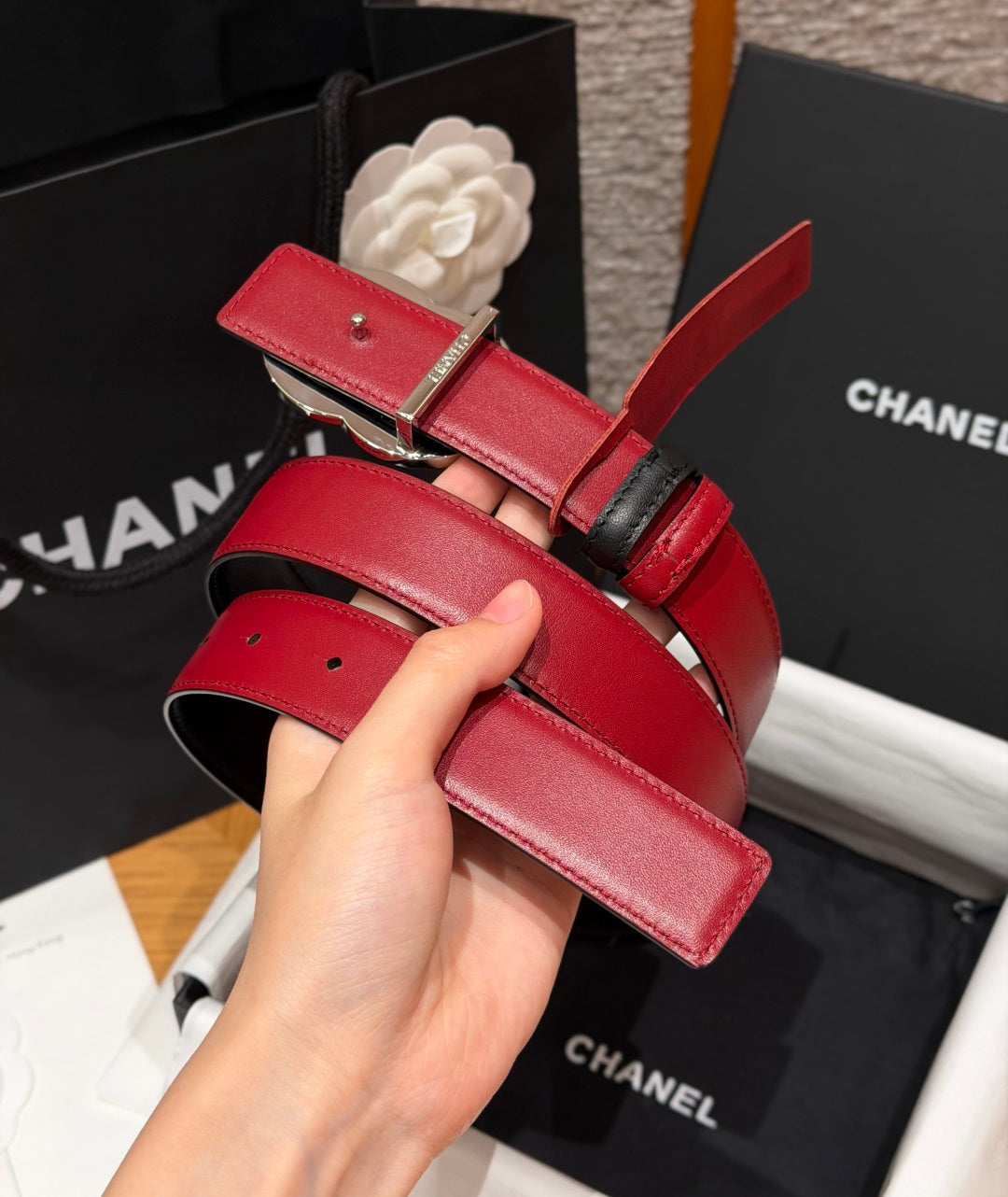 CC 26s Belt 3cm Burgundy Black Leather 213851