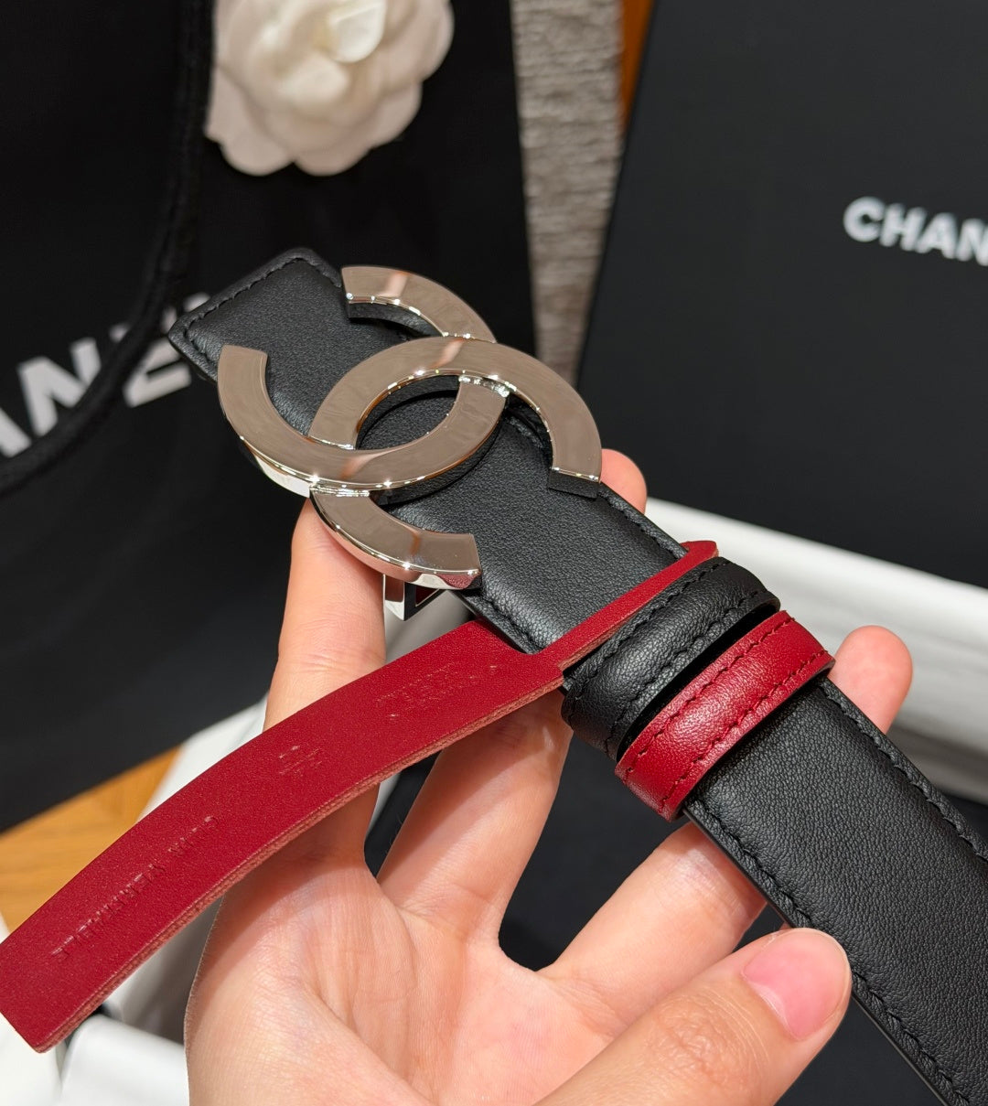 CC 26s Belt 3cm Burgundy Black Leather 213851