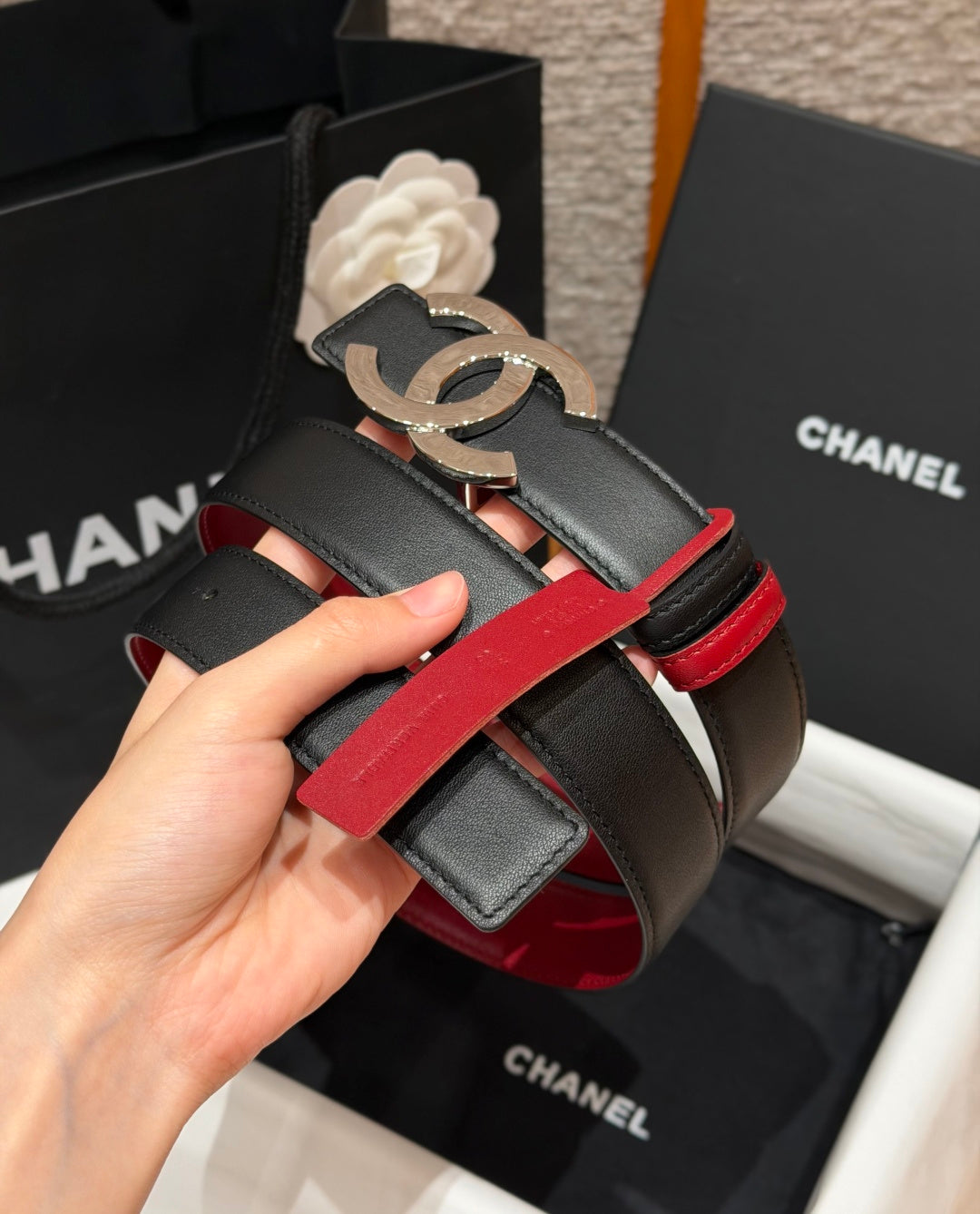 CC 26s Belt 3cm Burgundy Black Leather 213851