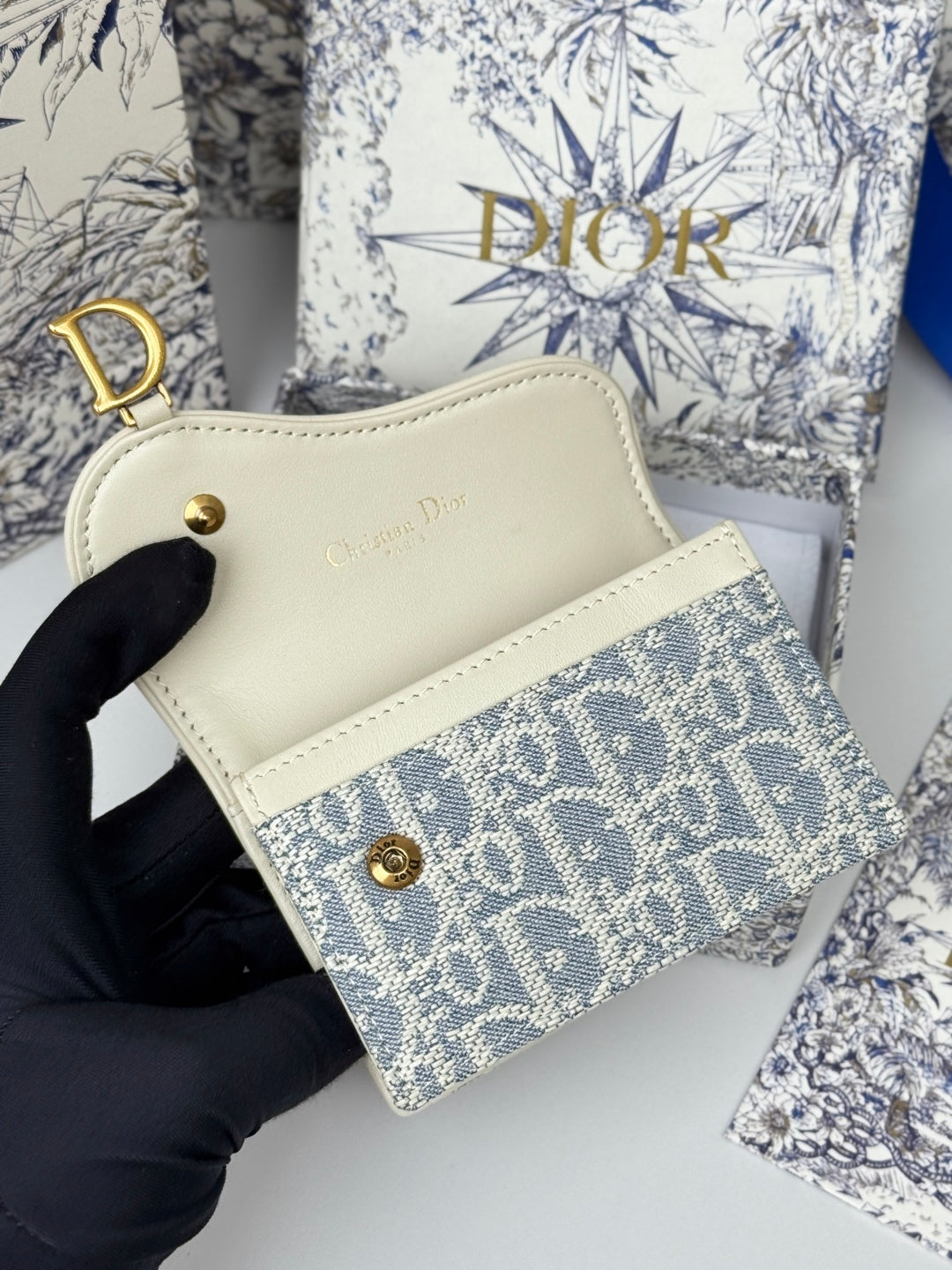 CD Saddle Lotus Wallet 10.5cm White Grey Jacquard GHW