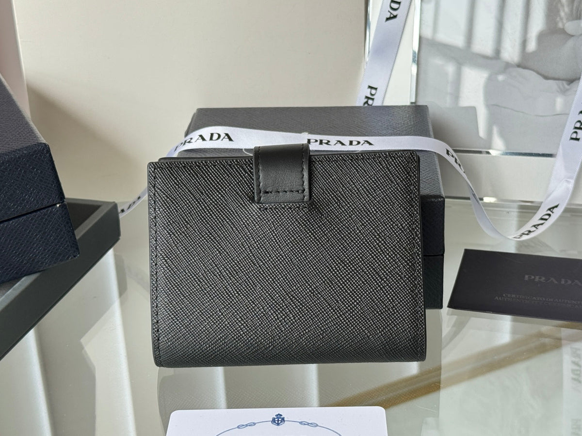 Pra 1MV204 Small Wallet Black Gold Tone Saffiano & Smooth Leather