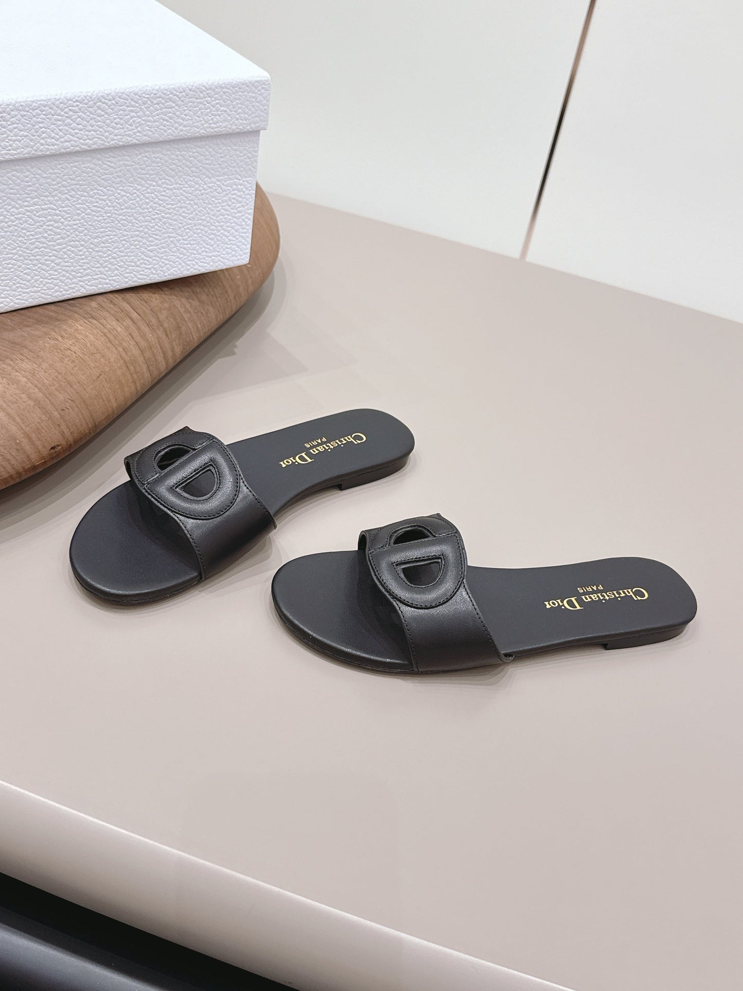 CD 26s Round-Toe Slide Sandals Black Calfskin 738237