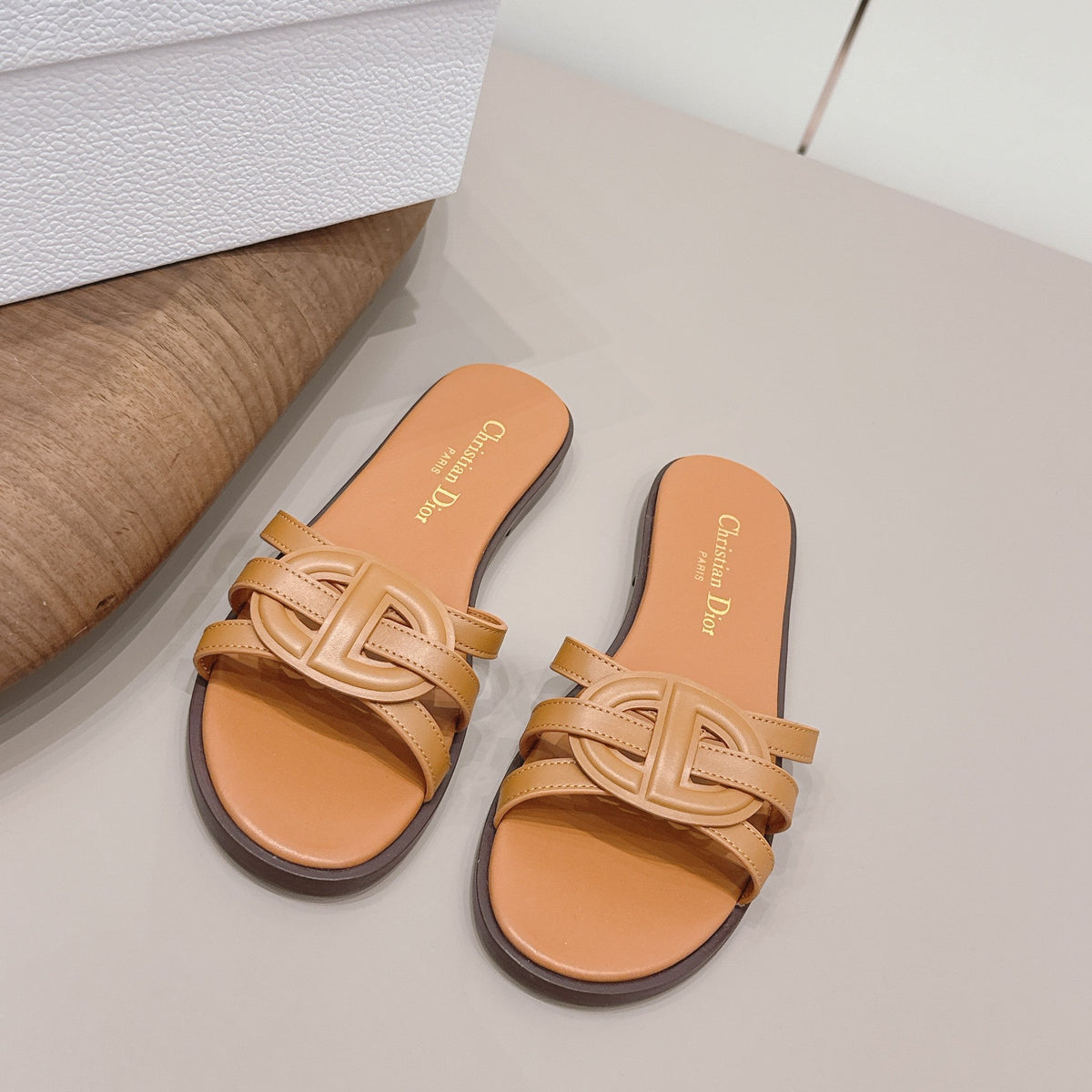 CD 26s D-Club Slide Sandal Tan Calfskin 738246
