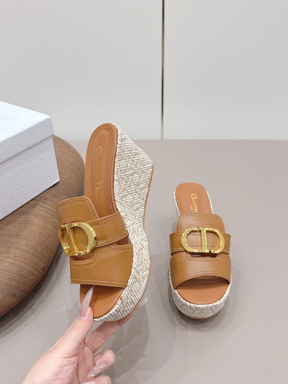 CD 30 Montaigne Wedge Slides 8cm Tan Calfskin 738318