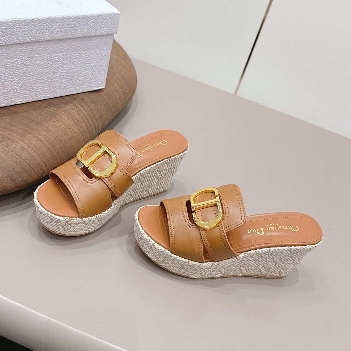 CD 30 Montaigne Wedge Slides 8cm Tan Calfskin 738318