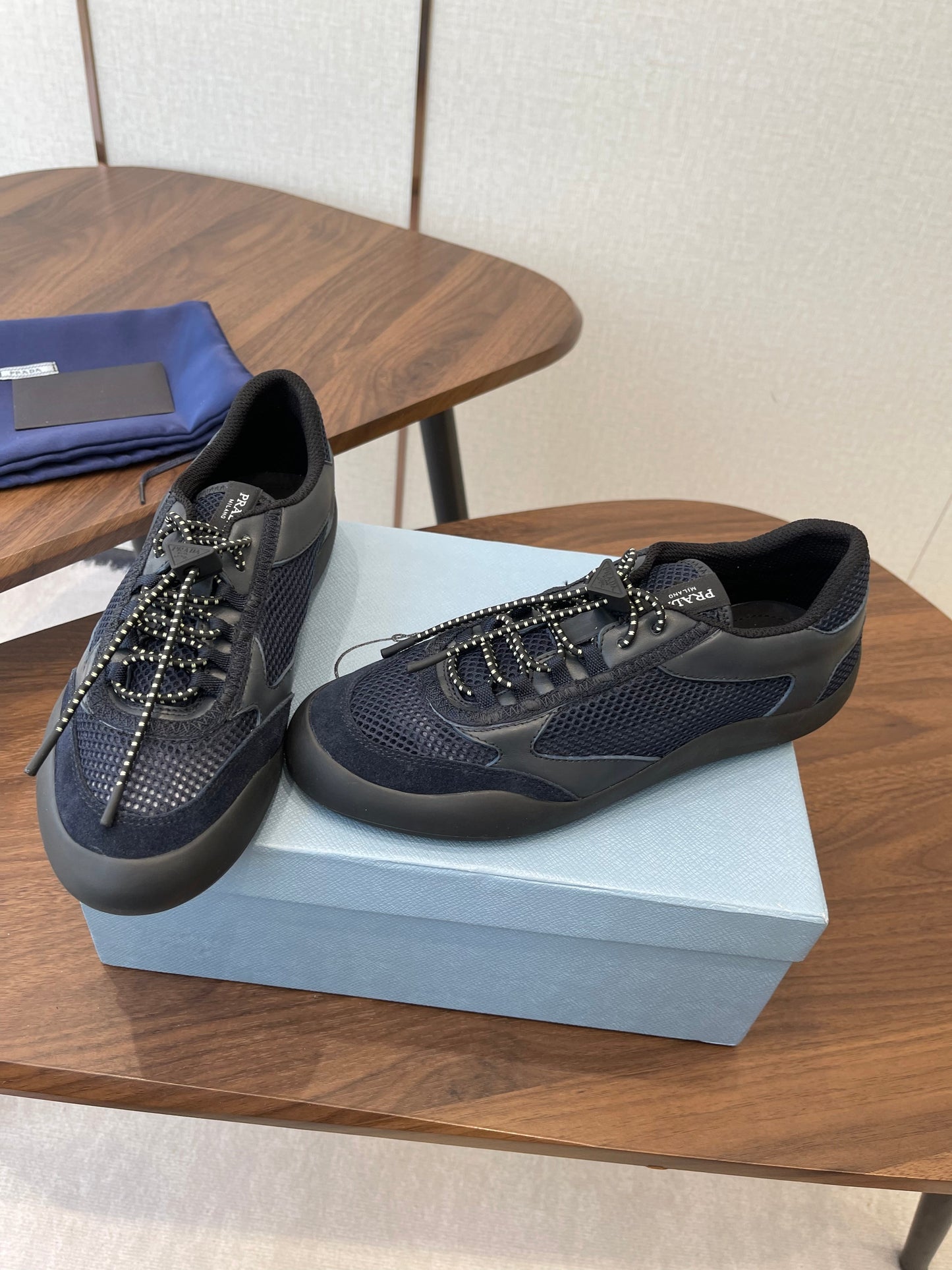 Prada Speedrock Sneakers Dark Blue Mesh Fabric 727601