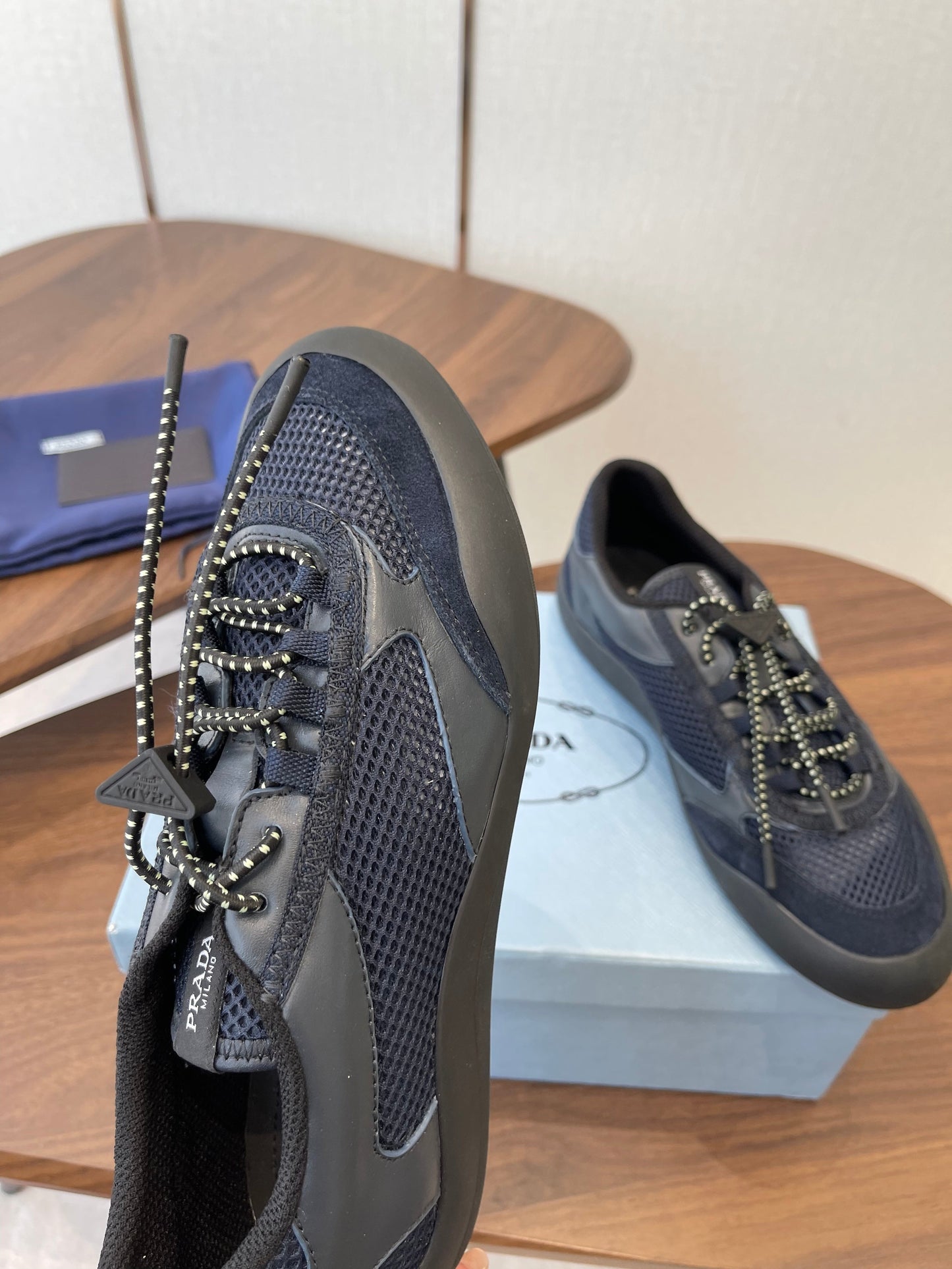Prada Speedrock Sneakers Dark Blue Mesh Fabric 727601