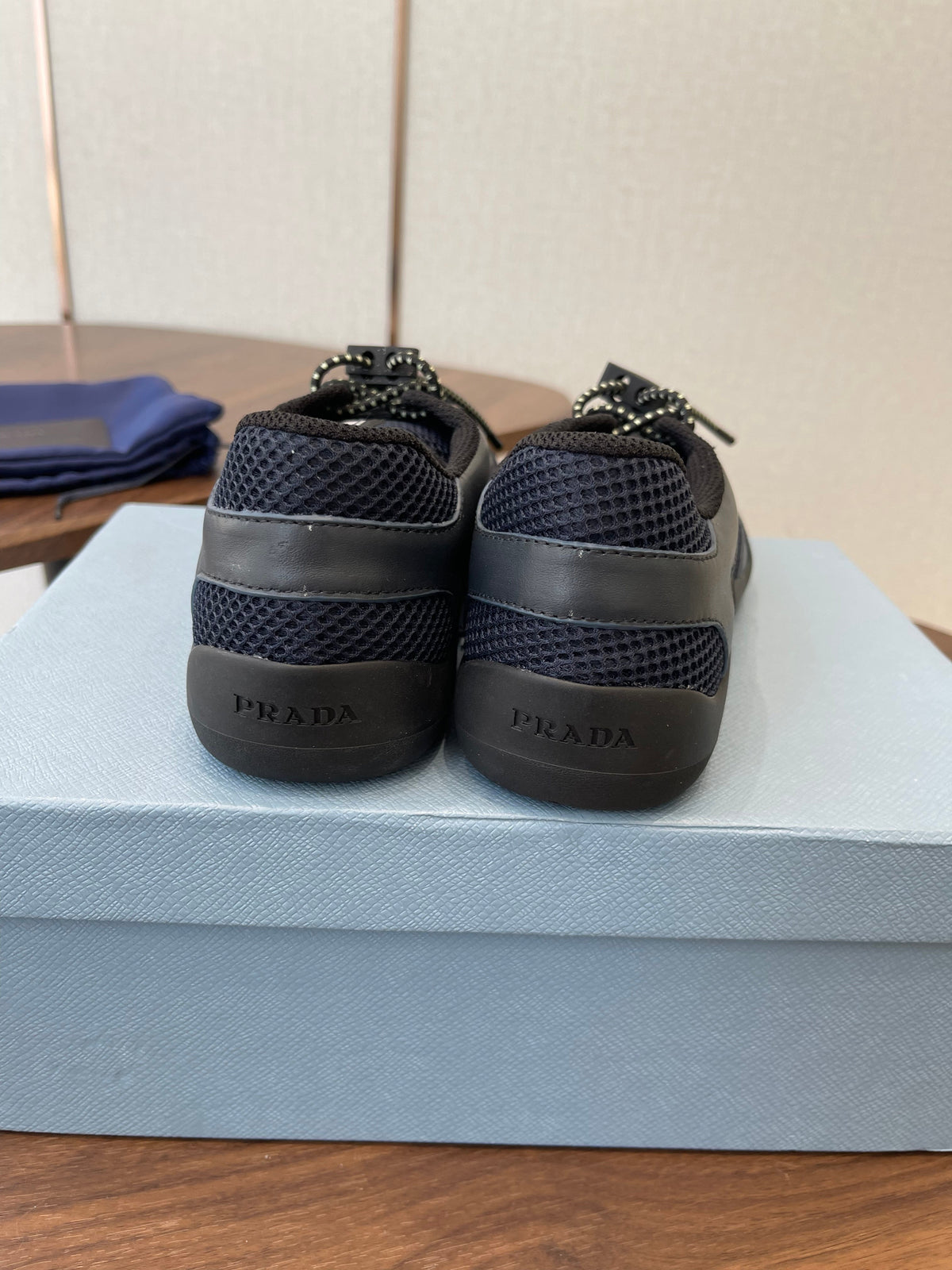 Prada Speedrock Sneakers Dark Blue Mesh Fabric 727601
