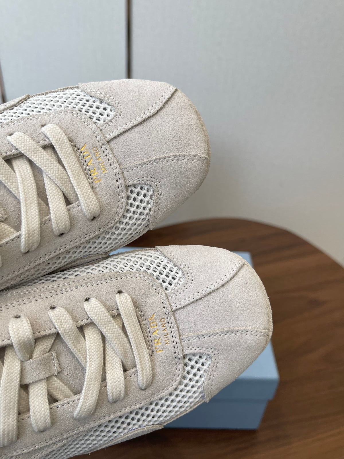 Prada Low-Top Sneakers Off White Mesh Suede 727612