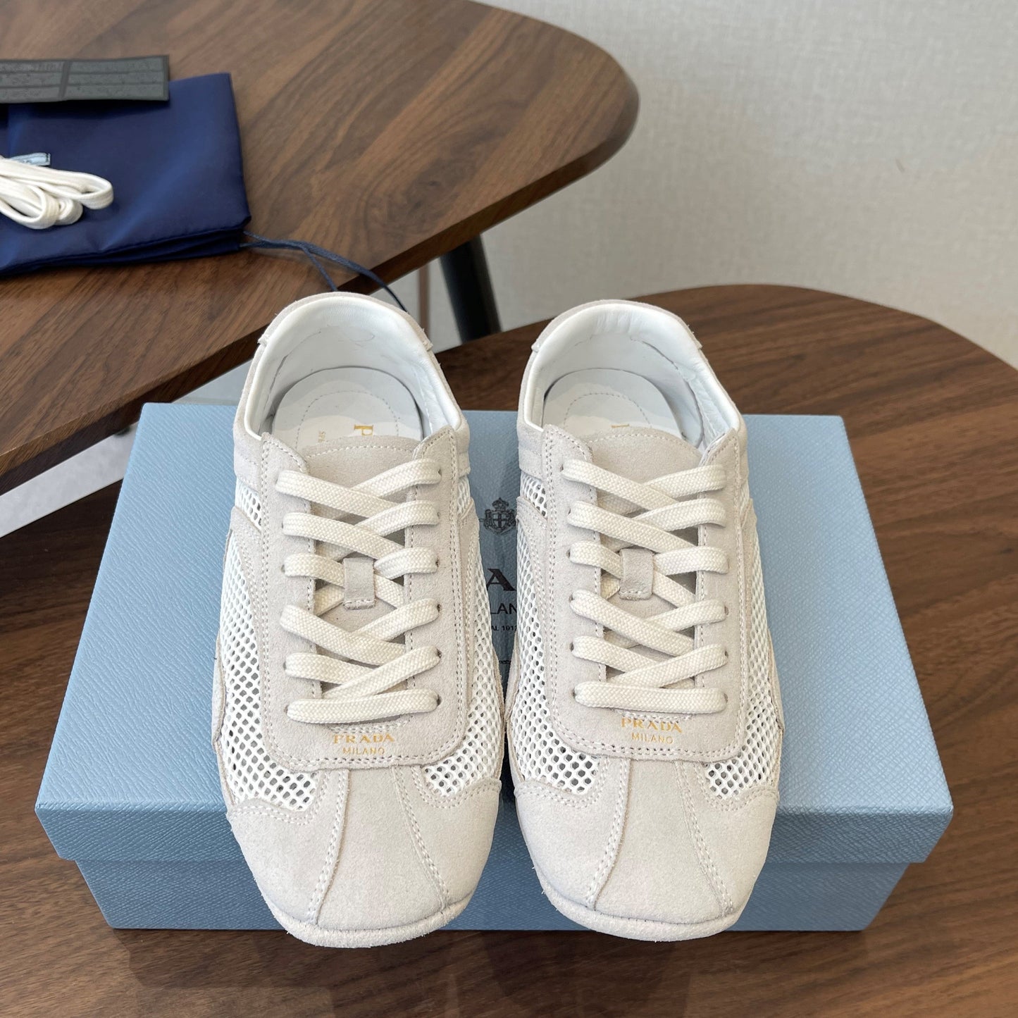 Prada Low-Top Sneakers Off White Mesh Suede 727612
