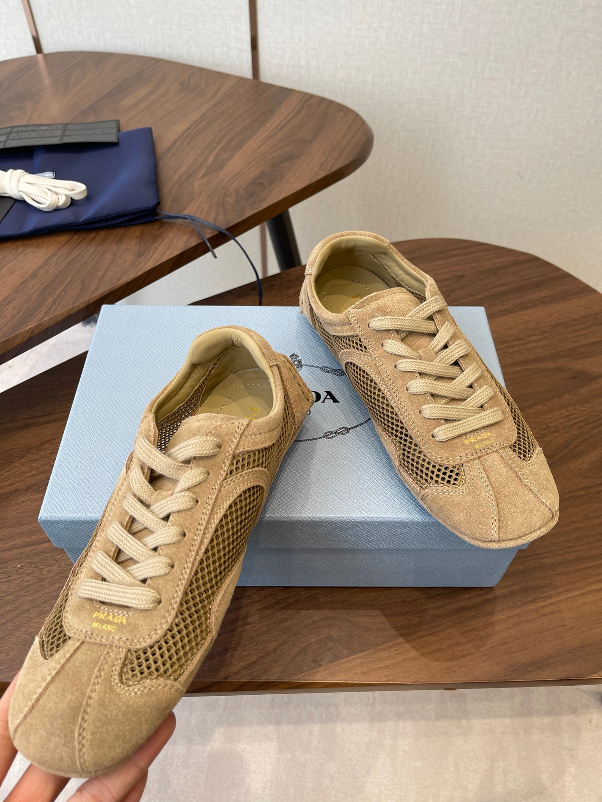 Prada Low-Top Sneakers Beige Mesh Suede 727613