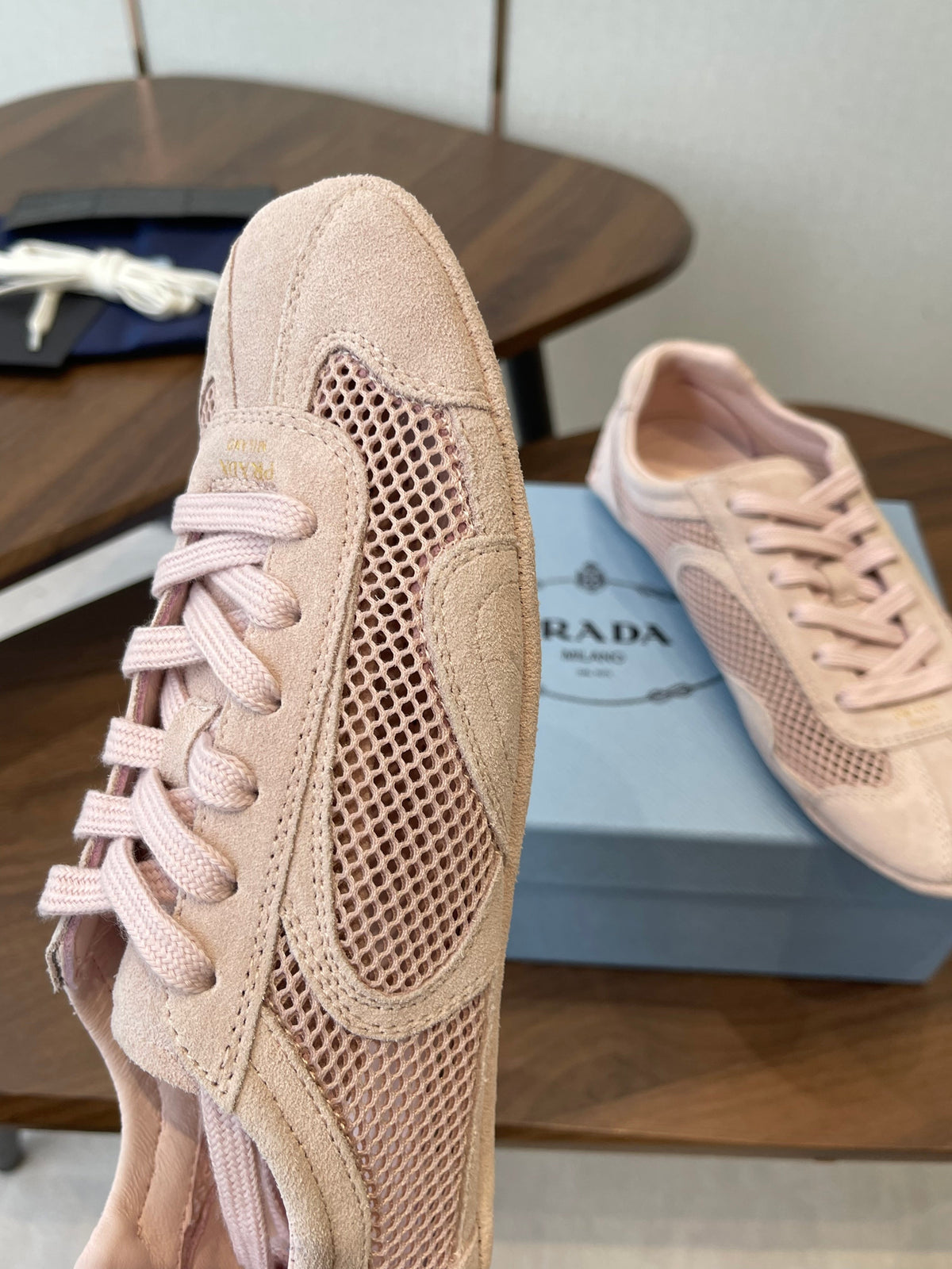 Prada Low-Top Sneakers Light Pink Mesh Suede 727615