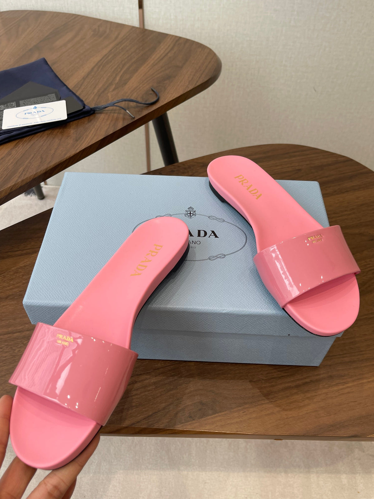Prada Logo Slides Light Pink Patent Leather 727618
