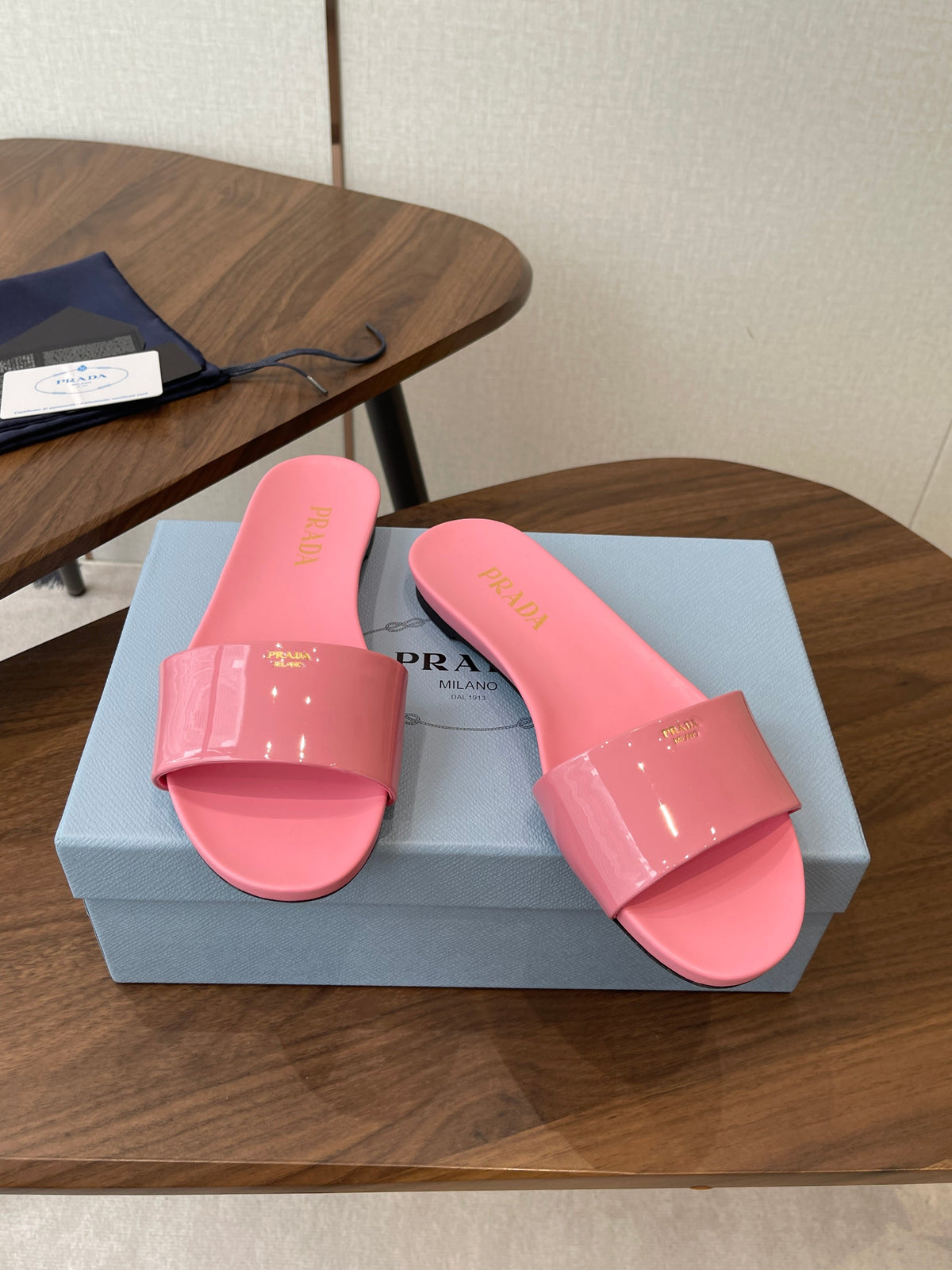 Prada Logo Slides Light Pink Patent Leather 727618