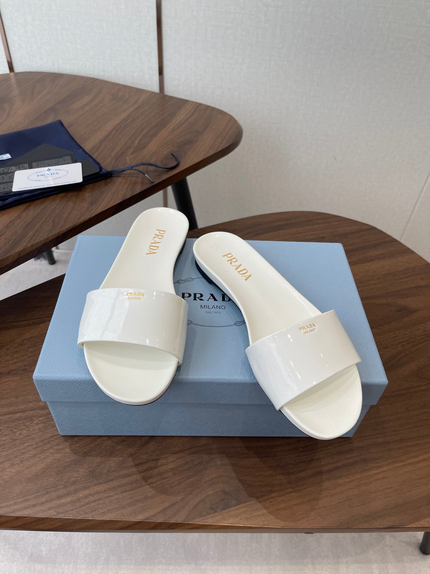 Prada Logo Slides White Patent Leather 727620