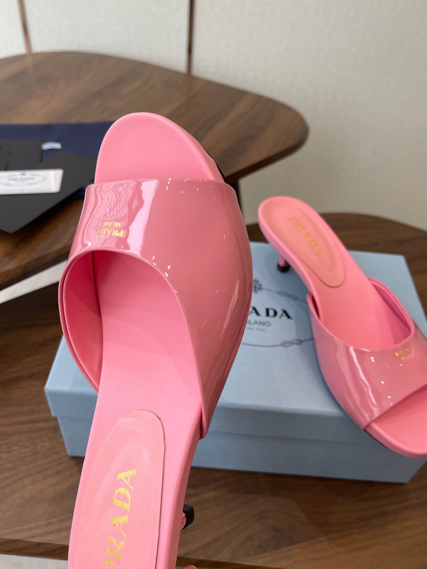 Prada Kitten Heel Sandals Pink Patent Leather 727642