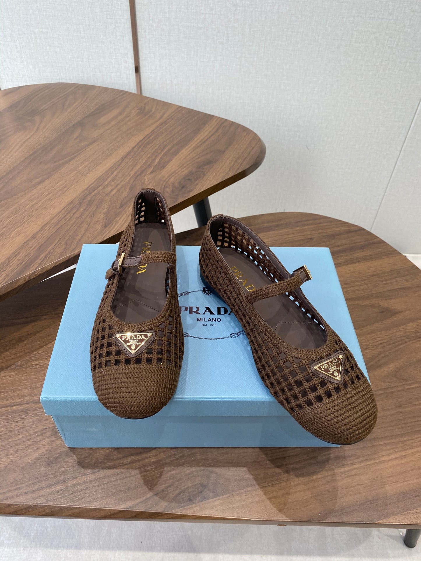 Prada 26s Ballet Flat Coffee Leather Fabric 727665