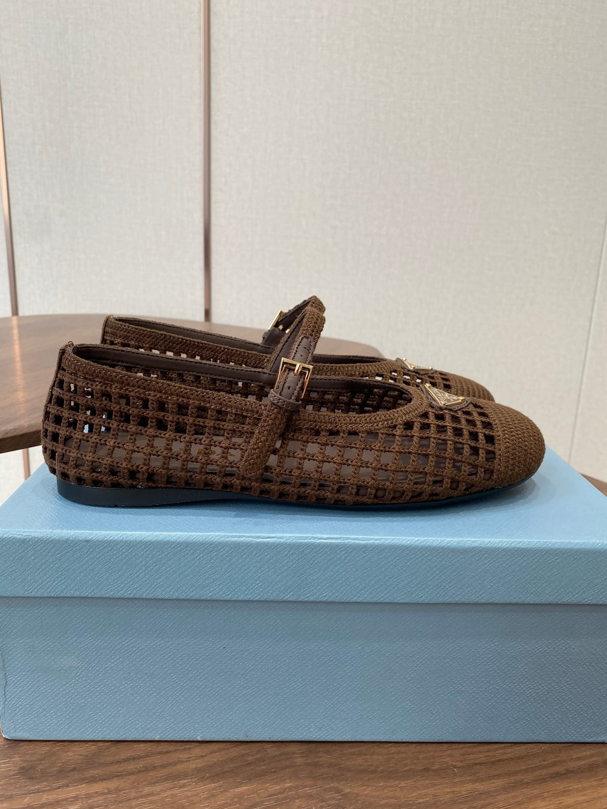 Prada 26s Ballet Flat Coffee Leather Fabric 727665