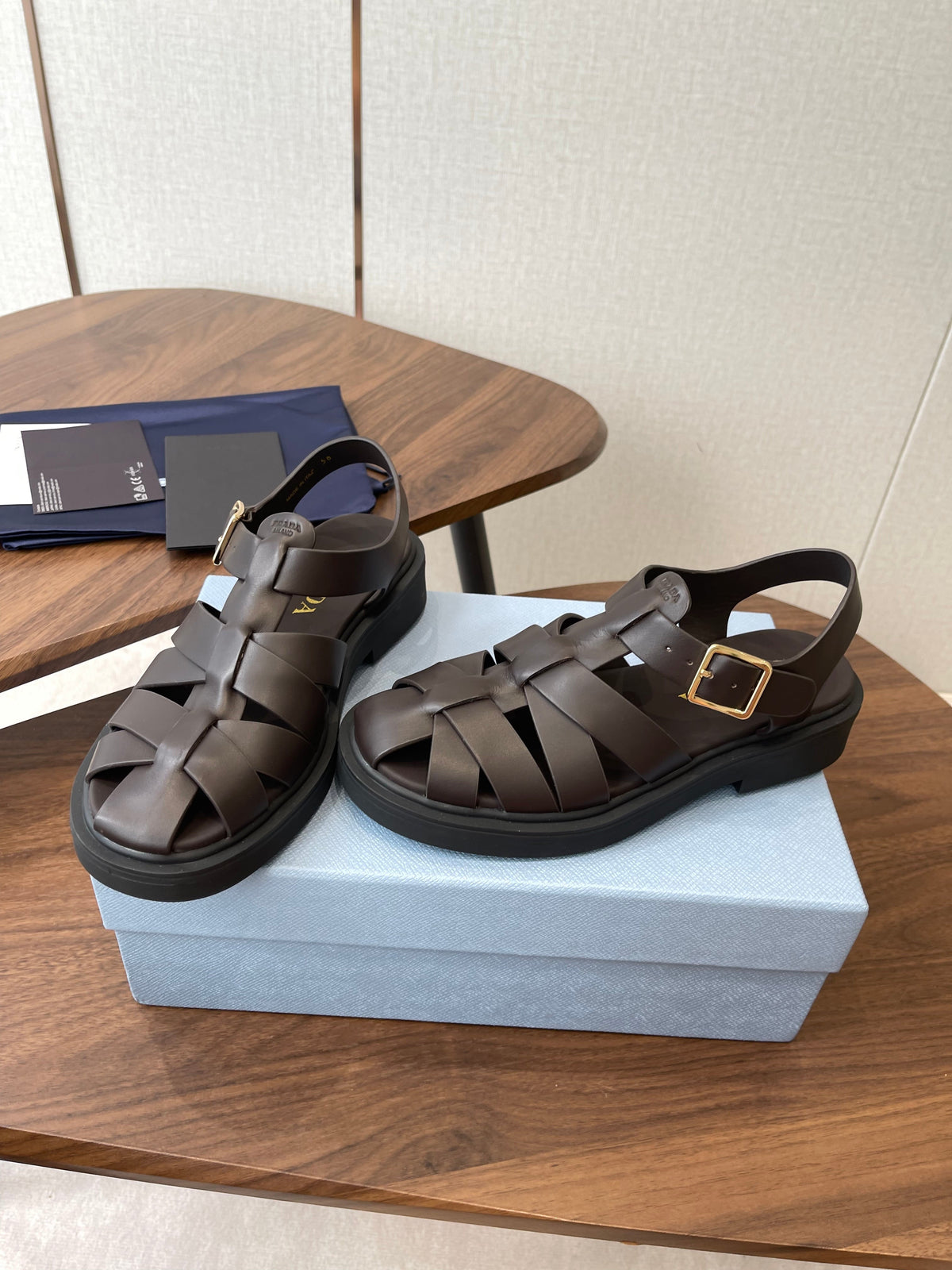 Prada 26s Fisherman's Sandals Coffee Leather 727675