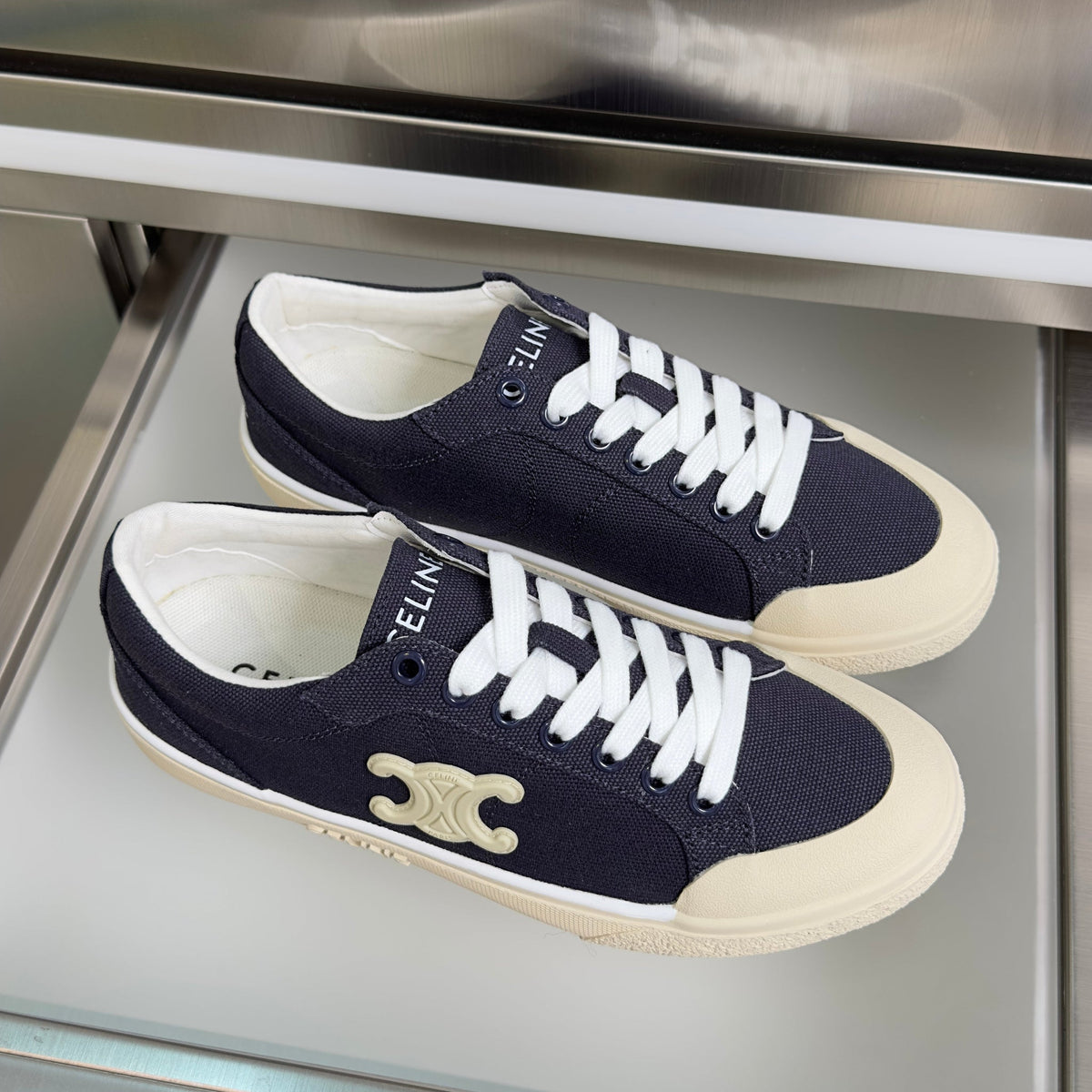 Celine 26s Lace-Up Sneakers In Navy Blue Canvas
