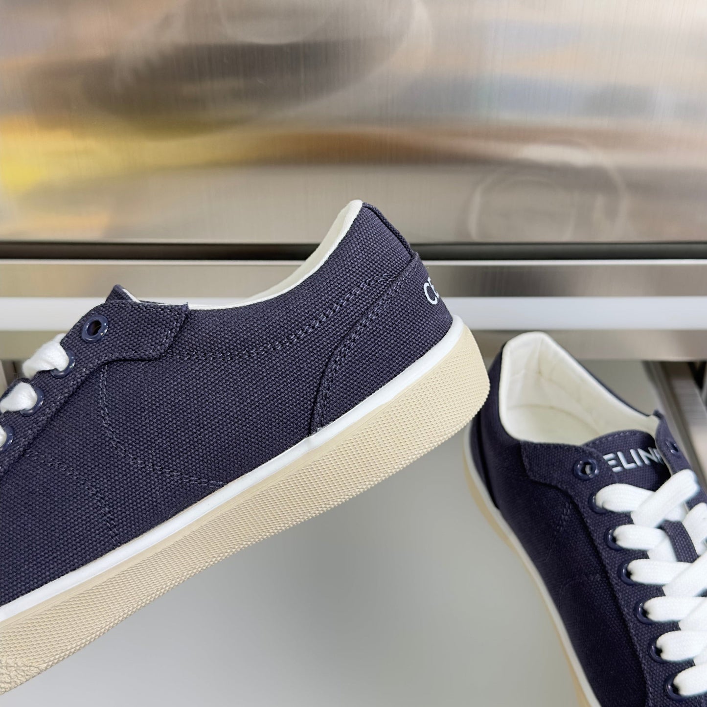 Celine 26s Lace-Up Sneakers In Navy Blue Canvas