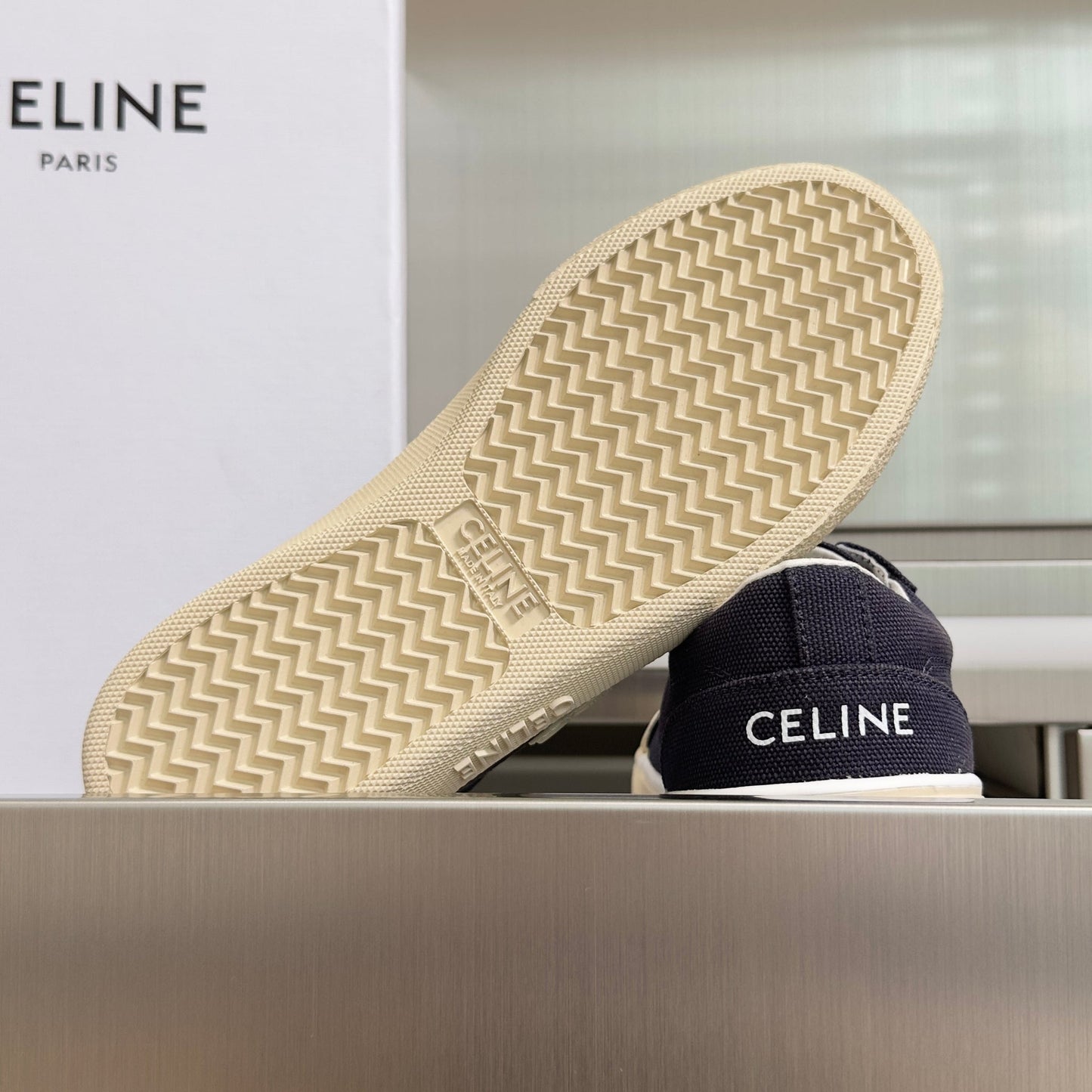 Celine 26s Lace-Up Sneakers In Navy Blue Canvas
