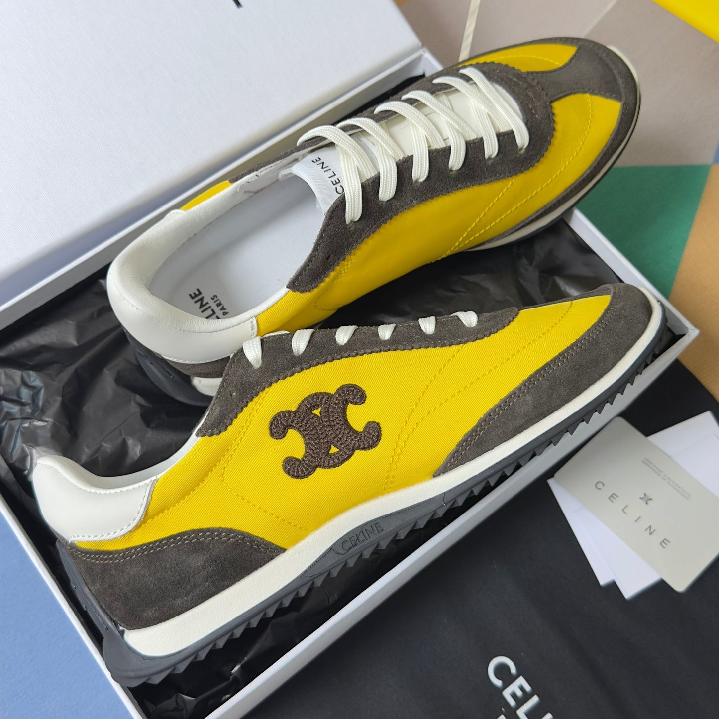 Celine 26s Racer Sneakers In Yellow Fabric And Dark Grey Suede
