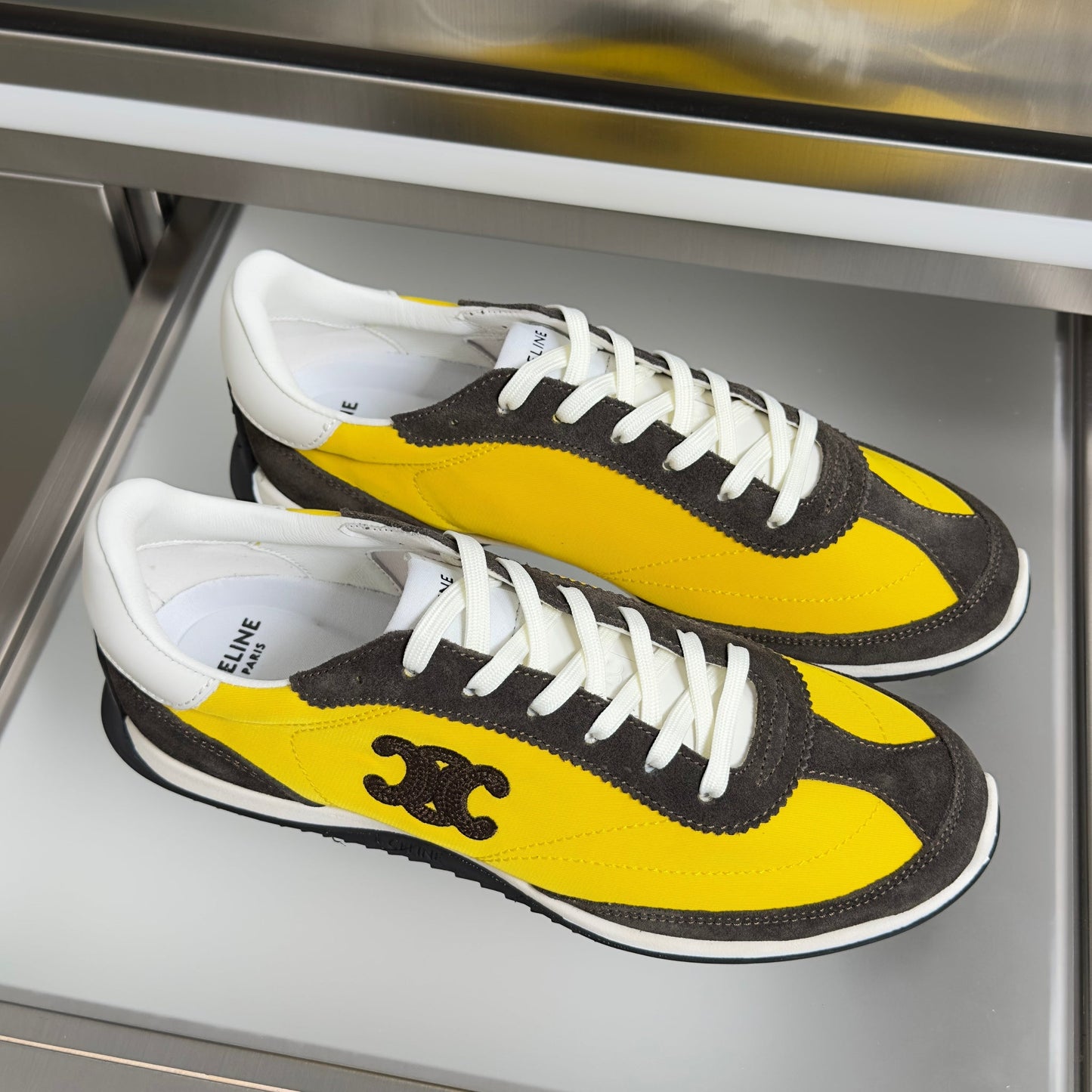 Celine 26s Racer Sneakers In Yellow Fabric And Dark Grey Suede