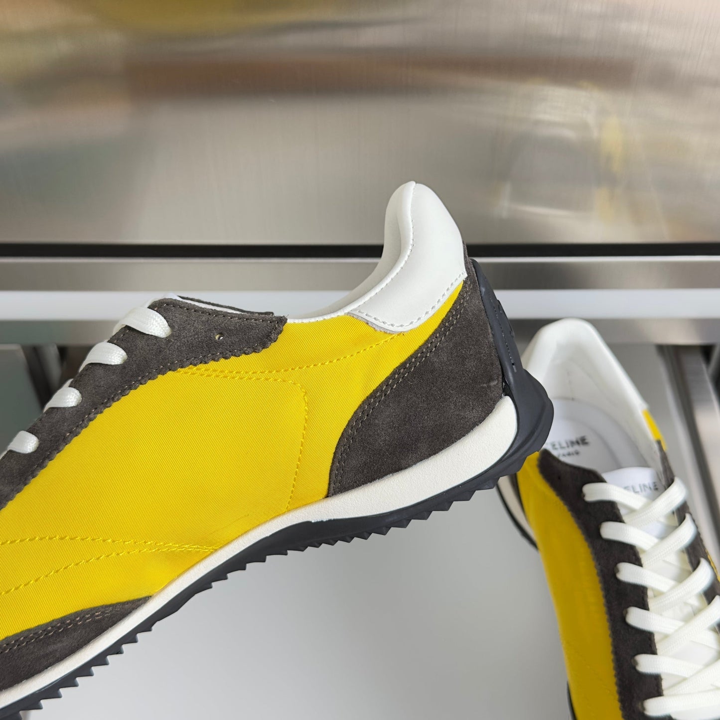 Celine 26s Racer Sneakers In Yellow Fabric And Dark Grey Suede